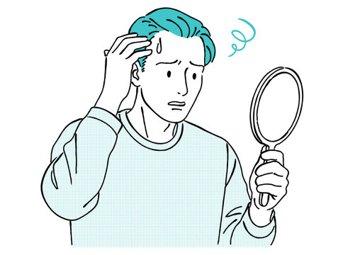薄毛・生え際を心配する男性,AGA,ヘアケア,頭皮の悩み,手鏡,シンプル,ベクター