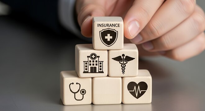Hand stacking wooden cubes with insurance and medical icons, symbolizing healthcare coverage and benefits.