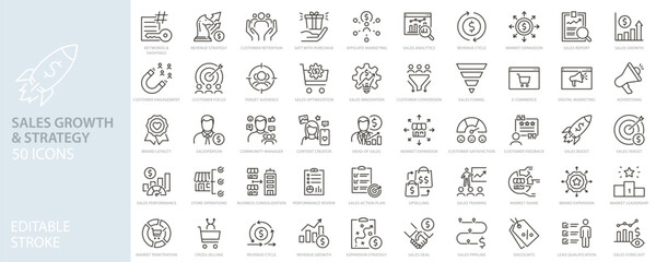 Sales growth, marketing strategy, and business analytics line icon set. Revenue, customer retention, and e-commerce vector icons. Thin line editable stroke symbols