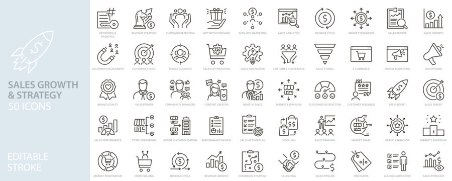 Sales growth, marketing strategy, and business analytics line icon set. Revenue, customer retention, and e-commerce vector icons. Thin line editable stroke symbols