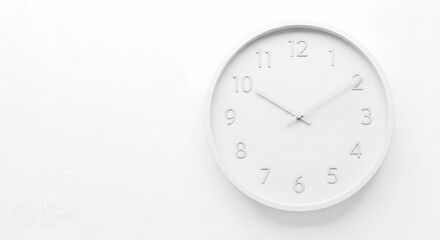 Fototapeta premium A Simple White Analog Wall Clock With Silver Hands Showing The Time On A Clean White Background With Copy Space