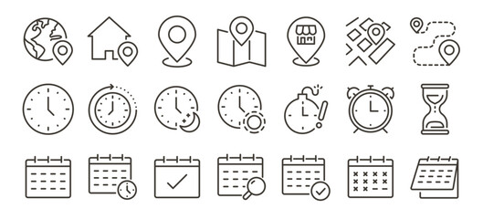 Time and location scheduling icons set. Clocks, maps and calendars. Thin line editable stroke icon illustrations