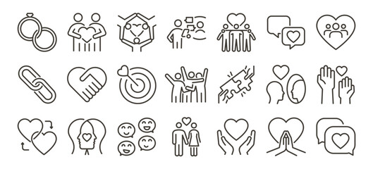 Relationships and emotional connection icons set. Love, empathy, support, and friendship. Thin line editable stroke vector illustrations.