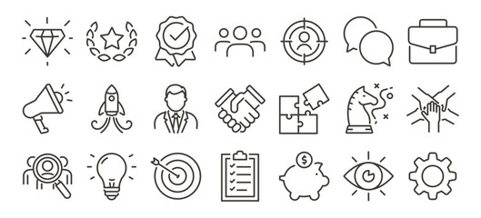 Corporate culture, leadership and teamwork icon set. Mission, vision, strategy, success and values thin line vector editable stroke illustration icons.
