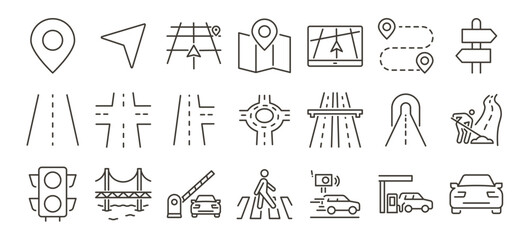 Roads and Navigation icons set. Highways, directions, driving and map routes. Thin line editable stroke vector illustrations.