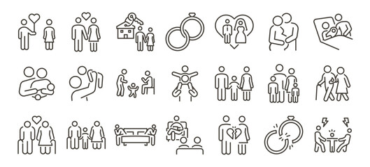 Modern family relationships icon set. Thin line vector illustration icons with editable stroke. Love, marriage, parenting, childhood, elderly care, emotional connection, conflict, and family support.