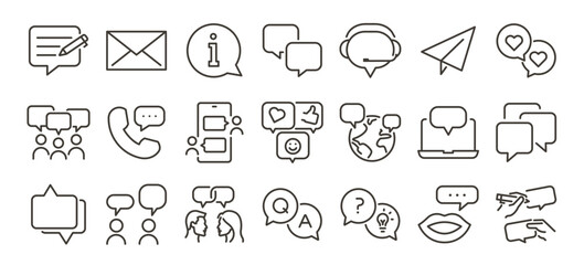 Communication, messaging, dialogue and chatting icons. Thin line editable stroke vector icon illustrations