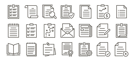 Documents, files, paperwork, checklist and reports icons. Thin line editable stroke vector icon illustrations