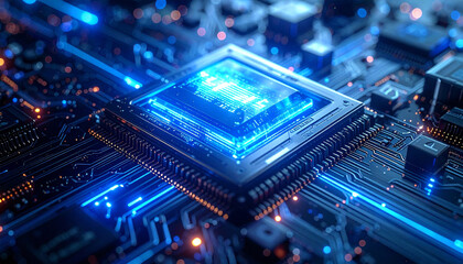 Illuminated Processor: A close-up shot captures the intricate details of a glowing processor, with data streams flowing around it, representing technological innovation and connectivity.
