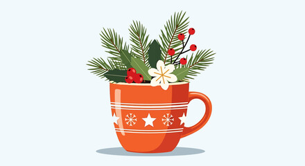 Festive Orange Mug Arrangement with Pine Holly Berries and White Flower Illustration