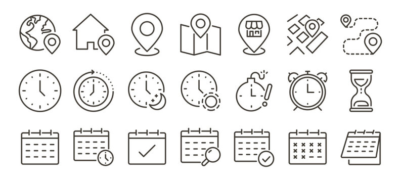 Time and location scheduling icons set. Clocks, maps and calendars. Thin line editable stroke icon illustrations