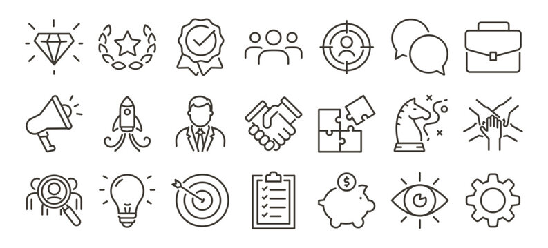 Corporate culture, leadership and teamwork icon set. Mission, vision, strategy, success and values thin line vector editable stroke illustration icons.