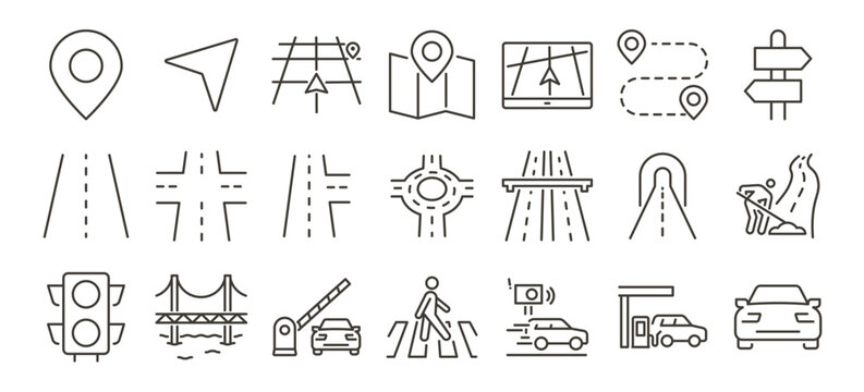 Roads and Navigation icons set. Highways, directions, driving and map routes. Thin line editable stroke vector illustrations.