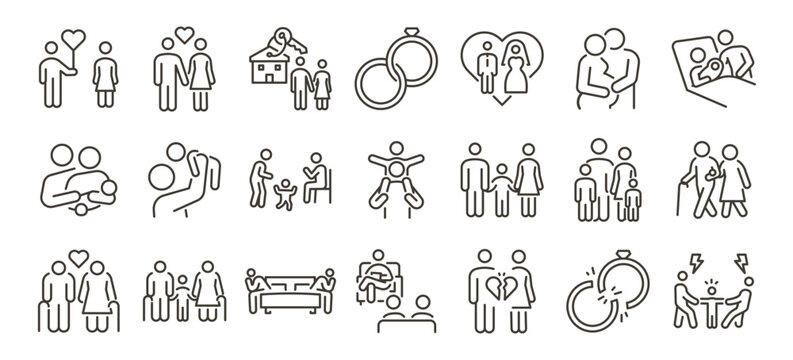 Modern family relationships icon set. Thin line vector illustration icons with editable stroke. Love, marriage, parenting, childhood, elderly care, emotional connection, conflict, and family support.