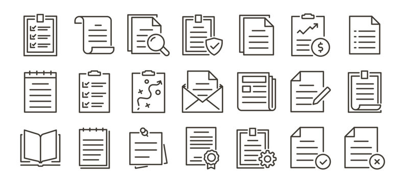 Documents, files, paperwork, checklist and reports icons. Thin line editable stroke vector icon illustrations