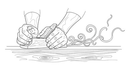 Hands Carving Wood with Saw and Shavings in Workshop