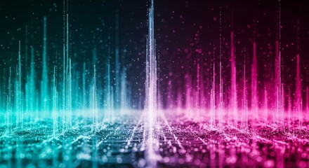 A futuristic visual of digital particles rising from the ground in vibrant purple and blue tones, symbolizing data flow and high-tech environments.