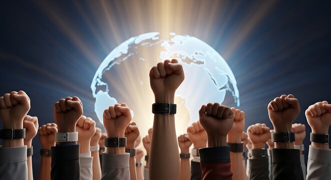 Raised fists against a glowing globe, symbolizing global unity, protest, power, and human rights.