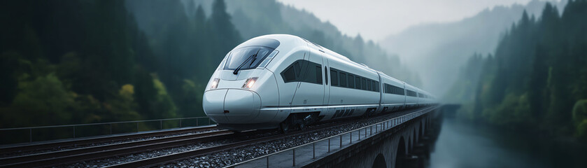 Naklejka premium Dramatic motion of high speed bullet train during travel. railway crosses bridge in misty forest, powerful and modern landscape