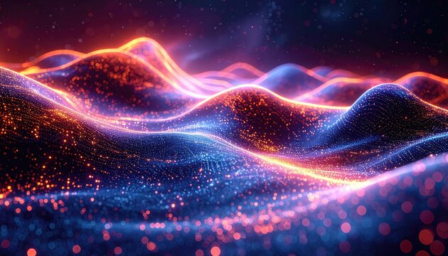 Abstract, glowing, wavy, digital landscape (1)