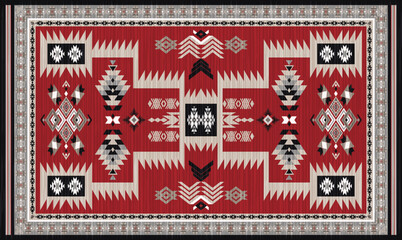 Navajo storm pattern rug style vector.Sacred mountain symbolism with central rectangular motif connecting four corners.Representing weather,lightning.Carpet southwestern tribal geometric illustration.