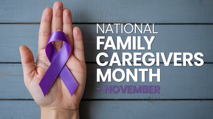 Purple ribbon for national family caregivers month in november displayed on an open palm against a textured background