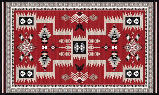 Navajo storm pattern rug style vector.Sacred mountain symbolism with central rectangular motif connecting four corners.Representing weather,lightning.Carpet southwestern tribal geometric illustration.
