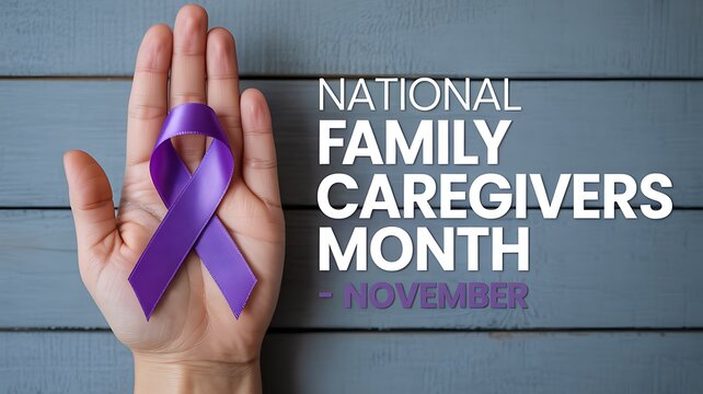 Purple ribbon for national family caregivers month in november displayed on an open palm against a textured background