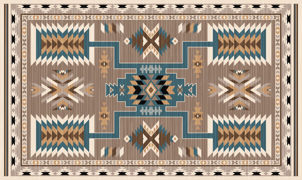 Navajo storm pattern rug style vector.Sacred mountain symbolism with central rectangular motif connecting four corners.Representing weather,lightning.Carpet southwestern tribal geometric illustration.