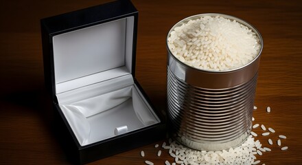 An open jewelry box next to a tin container filled with white rice on a wooden surface