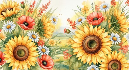 Vibrant watercolor painting of sunflowers poppies and daisies in a field