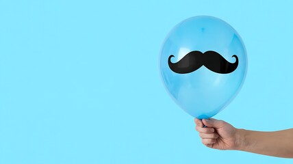 A single bright blue balloon with a black mustache design held against a solid blue background by a person s hand