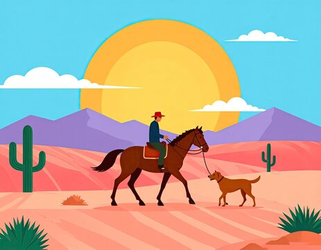 Man on horse, desert landscape, sunrise