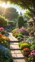 Obraz premium Sunlit garden path winding through vibrant blooms (2)