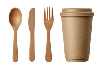 Brown disposable cutlery & drink cup on black