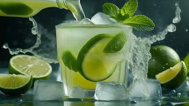Realistic slow-motion pour of cold mint-lime juice into a frosted glass