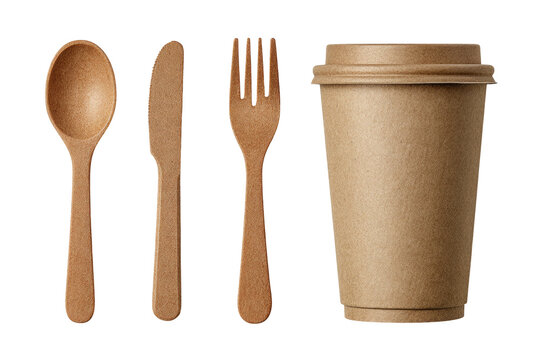Brown disposable cutlery & drink cup on black - Powered by Adobe