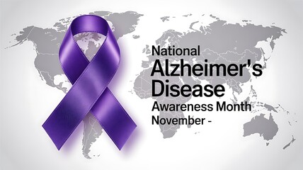 Purple ribbon symbolizing alzheimer s disease awareness month in november against a world map background