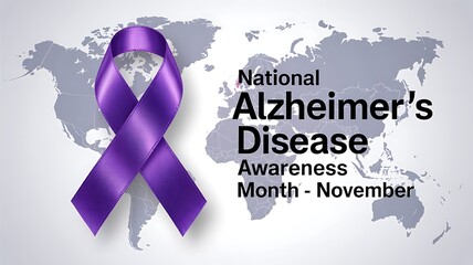Purple ribbon symbolizing alzheimer s disease awareness month against a world map backdrop promoting global understanding and support