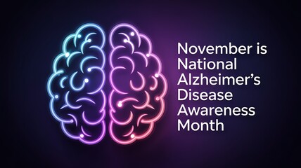 November is national alzheimer s disease awareness month depicted by a vibrant neon brain illustration on a dark background