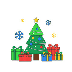 Outline vector art: Festive Christmas tree loaded with ornaments, surrounded by colorful presents and stylized snow.