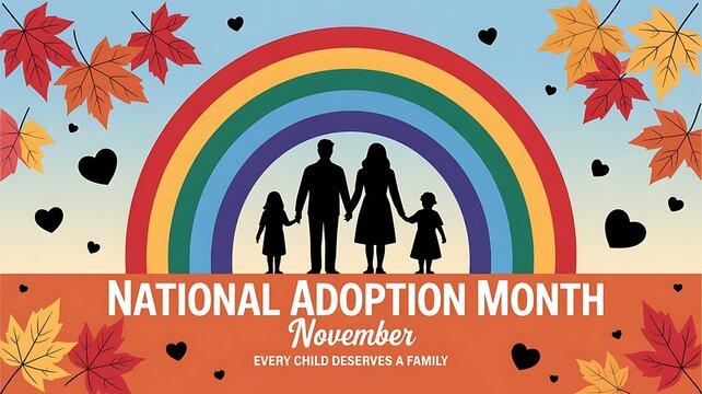 Diverse family silhouette standing beneath a vibrant rainbow arch celebrating national adoption month in november with autumn leaves - Powered by Adobe