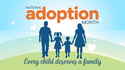 Silhouette of a loving family walking hand in hand celebrating national adoption month with the inspiring message every child deserves a family