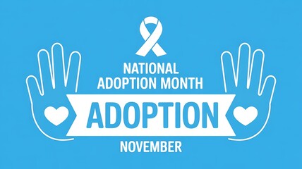 National adoption month november graphic with open hands hearts and awareness ribbon symbolizing family building and love