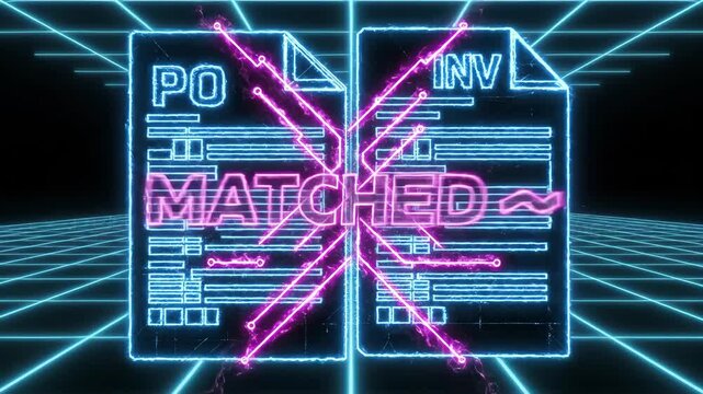 Retro 80s wireframe animation of PO and Invoice documents matching in a 'TRON' style, with 'MATCHED' text.