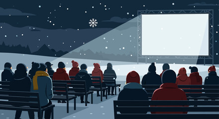 A flat design illustration showing an audience watching an outdoor film screening in a winter setting, evoking the unique atmosphere of a snowy film festival. 