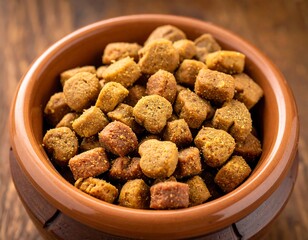 Close-up of dry pet food in an earthenware bowl atop a rustic wooden surface