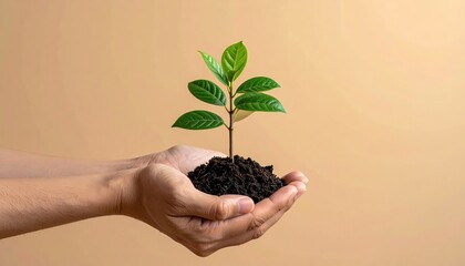 Hands hold small plant in soil against beige backdrop