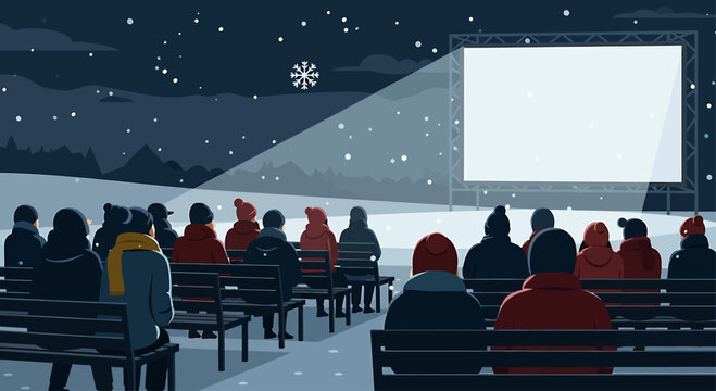 A flat design illustration showing an audience watching an outdoor film screening in a winter setting, evoking the unique atmosphere of a snowy film festival. 