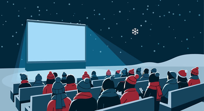 A flat design illustration showing an audience watching an outdoor film screening in a winter setting, evoking the unique atmosphere of a snowy film festival. 